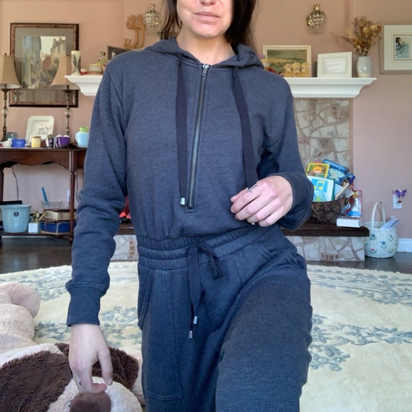 American Eagle Fleece Hoodie Jumpsuit in Deep Grey/Black - Picture 3 of 16